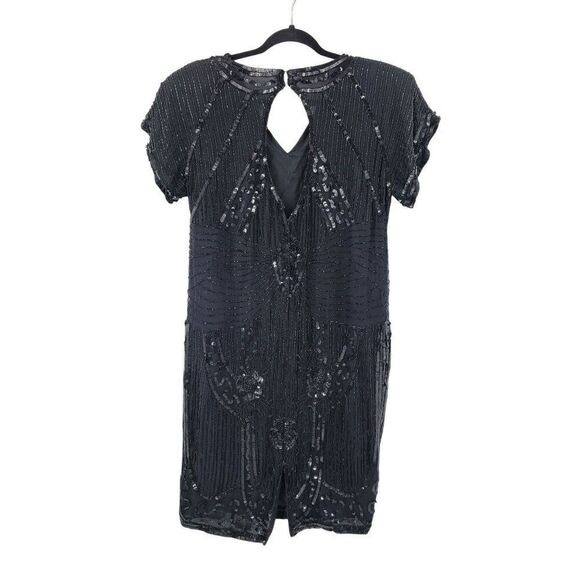 Vintage 80s Silk Black Beaded Sequined Short Sleeve Flapper Dress Sz M Cutout - Picture 10 of 14